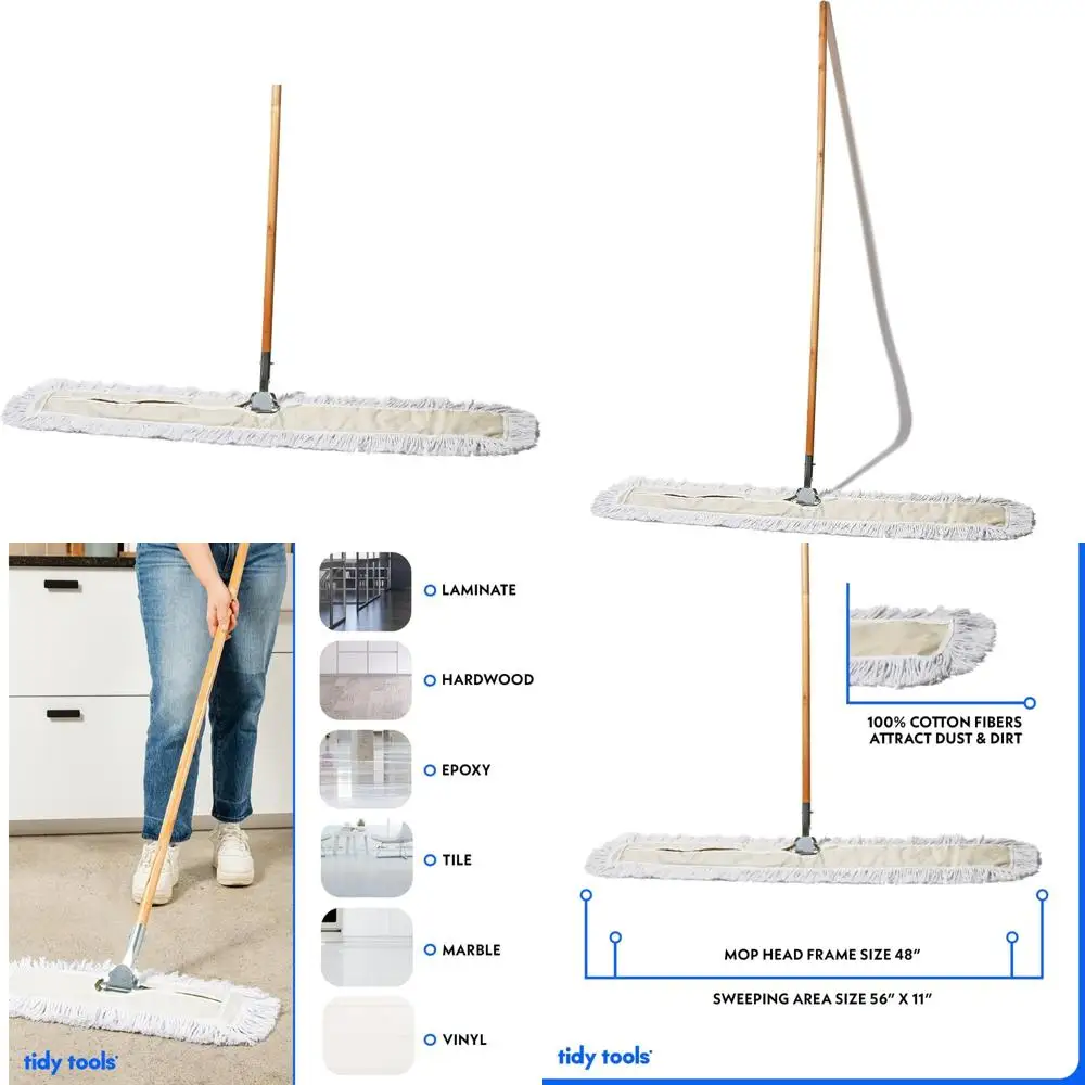 

Industrial Cotton Dust Mop, 48 Floor Sweeper for Hardwood, Wooden Handle, Heavy-Duty Dry Cleaning Tool