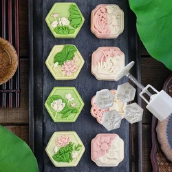 4Pcs/Set 50g Rabbit Lotus Koi Fish Square Mooncake Mould Flower Pastry Cake Cookie Stamp Dessert Baking Kitchen Decoration Tools