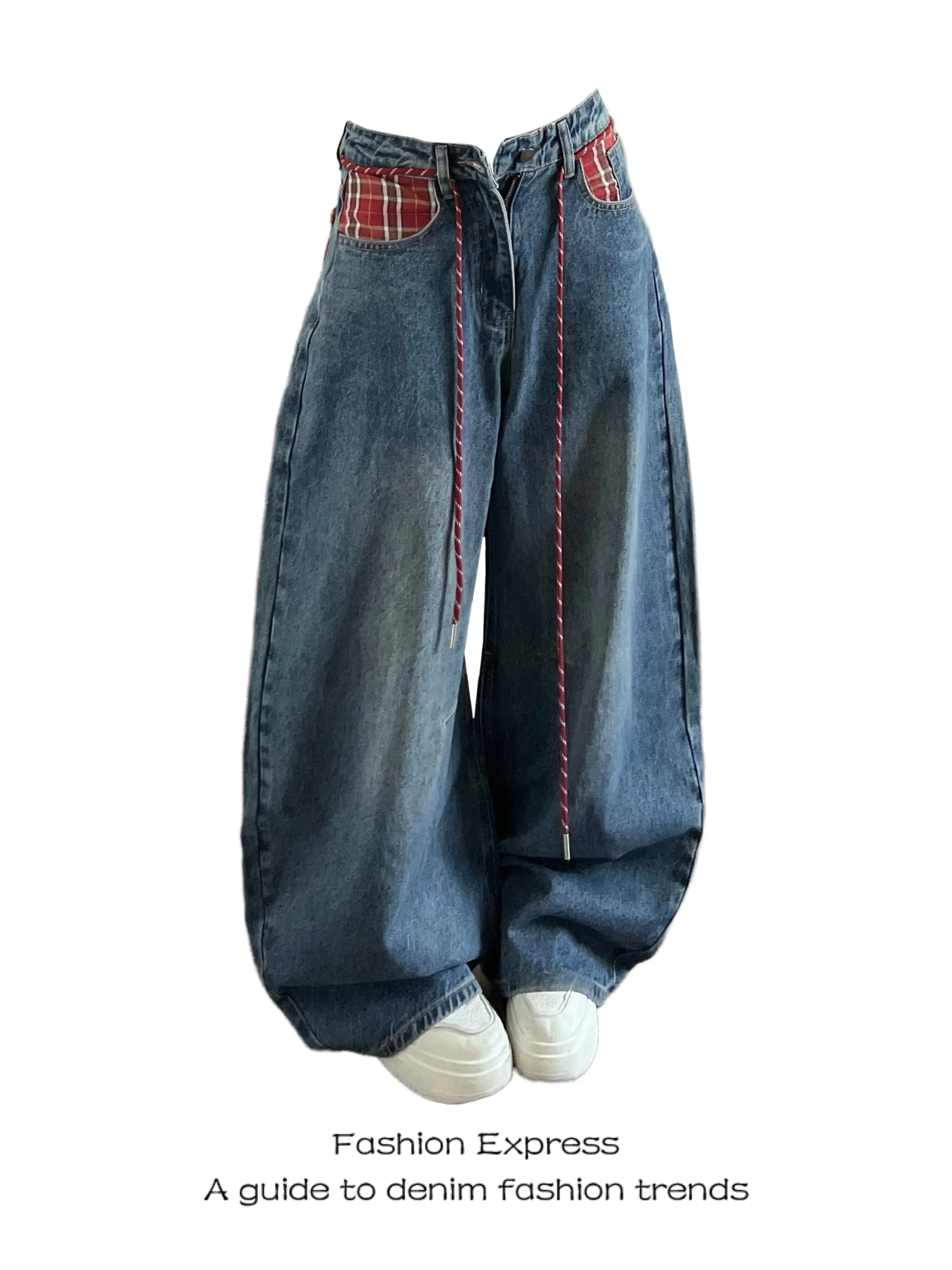 

Casual Plaid ket Patchwork Jeans Women's Loose Slimming Wide Leg Pants High Waist Denim Blue Casual Loose Fit Women Jeans