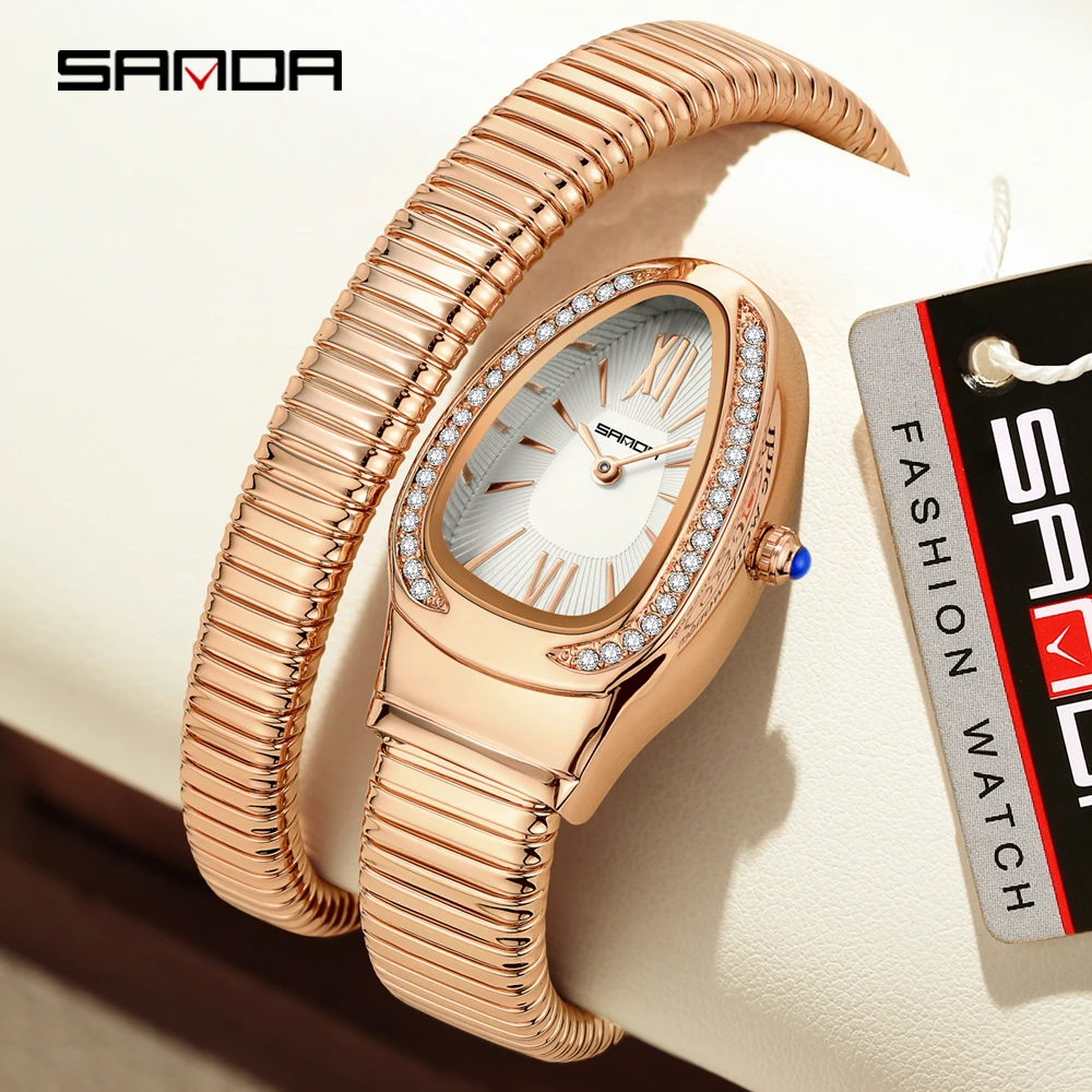 SANDA Hot Selling 1151 Snake Shaped Diamond Inlaid High-end Women's Watch Retro Temperament Light Luxury Women's Quartz Watch