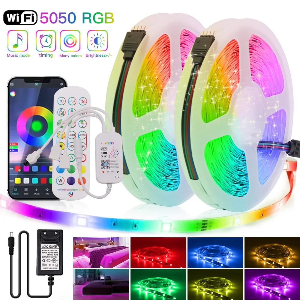 

DC 12V RGB LED Strip Lights SMD 5050 Bluetooth Wifi Control Luces Led Flexible Diode Tape Ribbon Works with Alexa Google Home