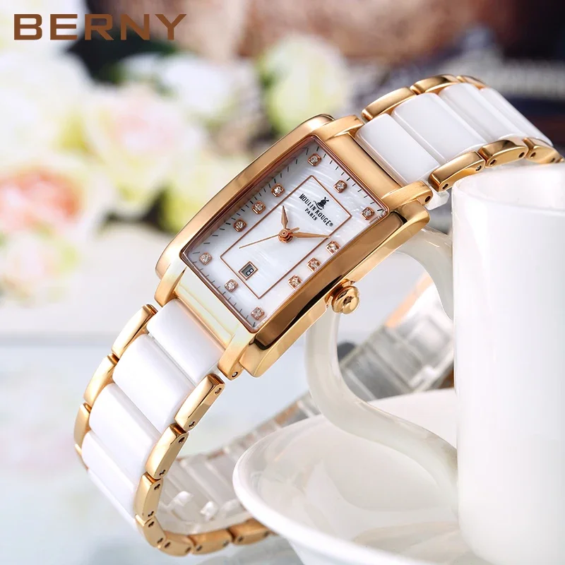 BERNY Women Quartz Watch Fashion Gold Female Clock Waterproof Relogio Feminino Birthday Gift Ceramic Bracelet Butterfly Buckle