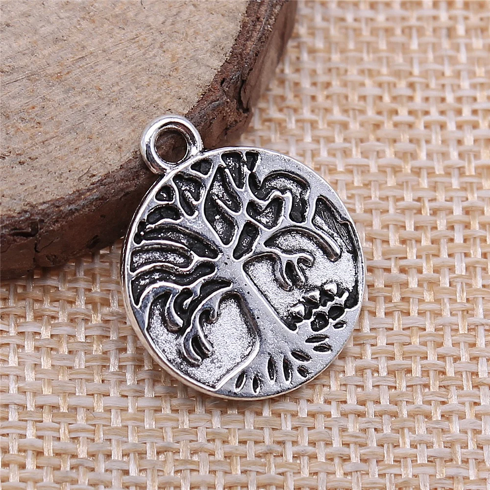 10pcs 20x24mm Round Double-Sided Tree Pendant Charms Antique Silver Plated Jewelry Findings For Jewelry Making