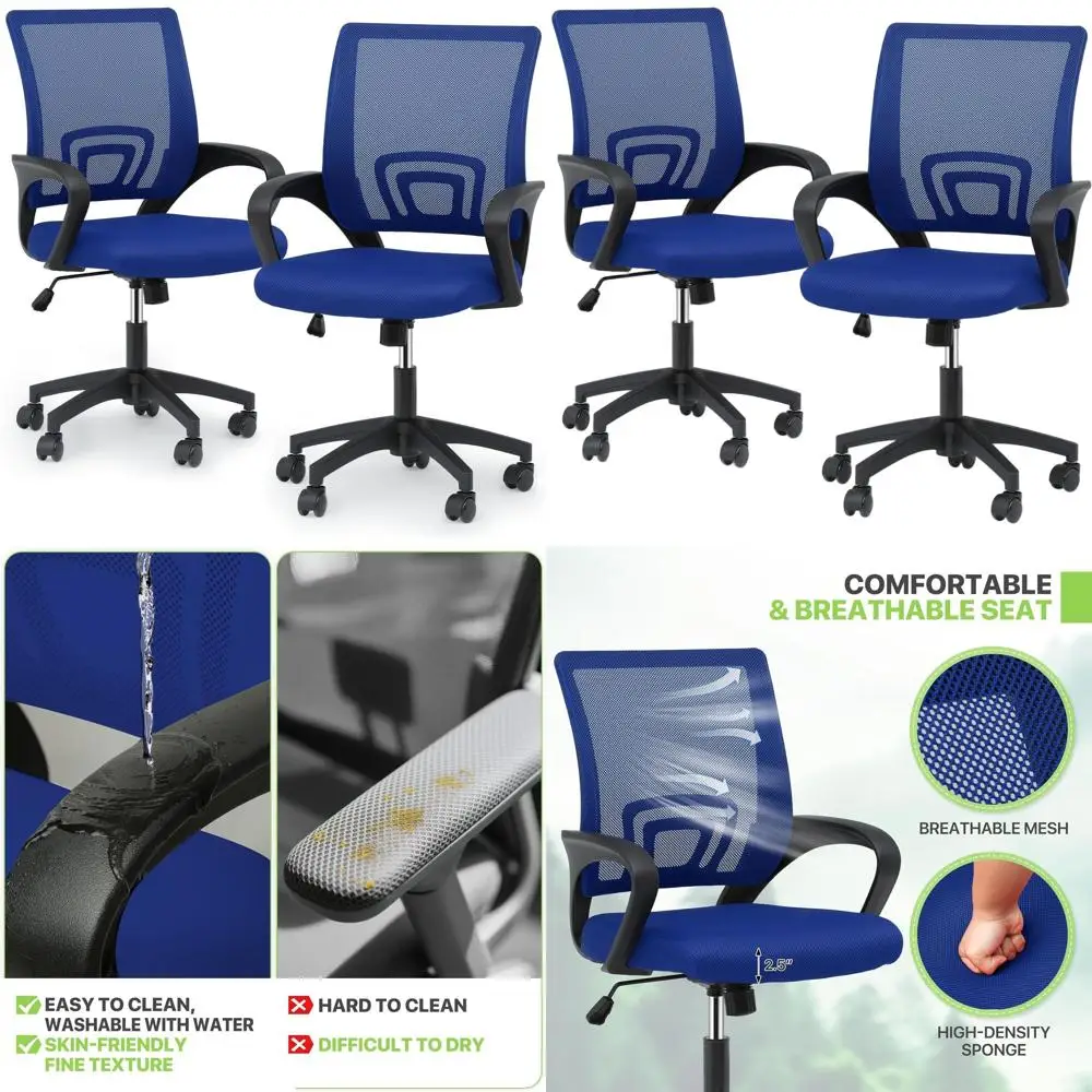 

Пара эргономичных офисных кресел из темно-синей сетчатой ткани с поясничной опорой и подлокотниками для работы, игр, учебы, грузоподъемность 300 фунтов.