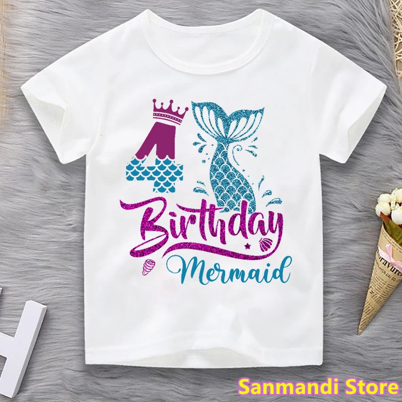 2-10th Verjaardag Mermaid Grafische Print T-shirt Voor Meisjes Kinderkleding Grappig Prinses Tshirt Kawaii Kids Kleding Tops