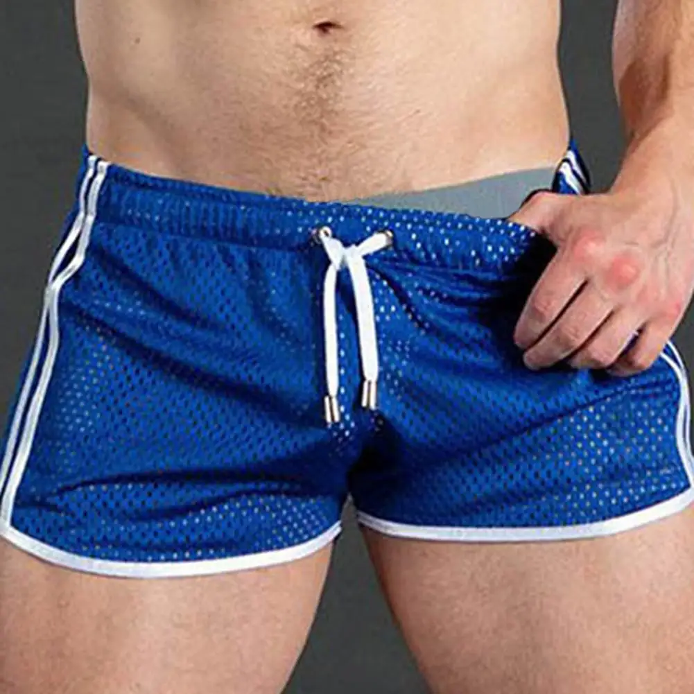

Summer Men Sport Shorts Color Matching Hollow Out Mesh Loose Drawstring Elastic Waist Quick Dry Jogging Gym Beach Shorts