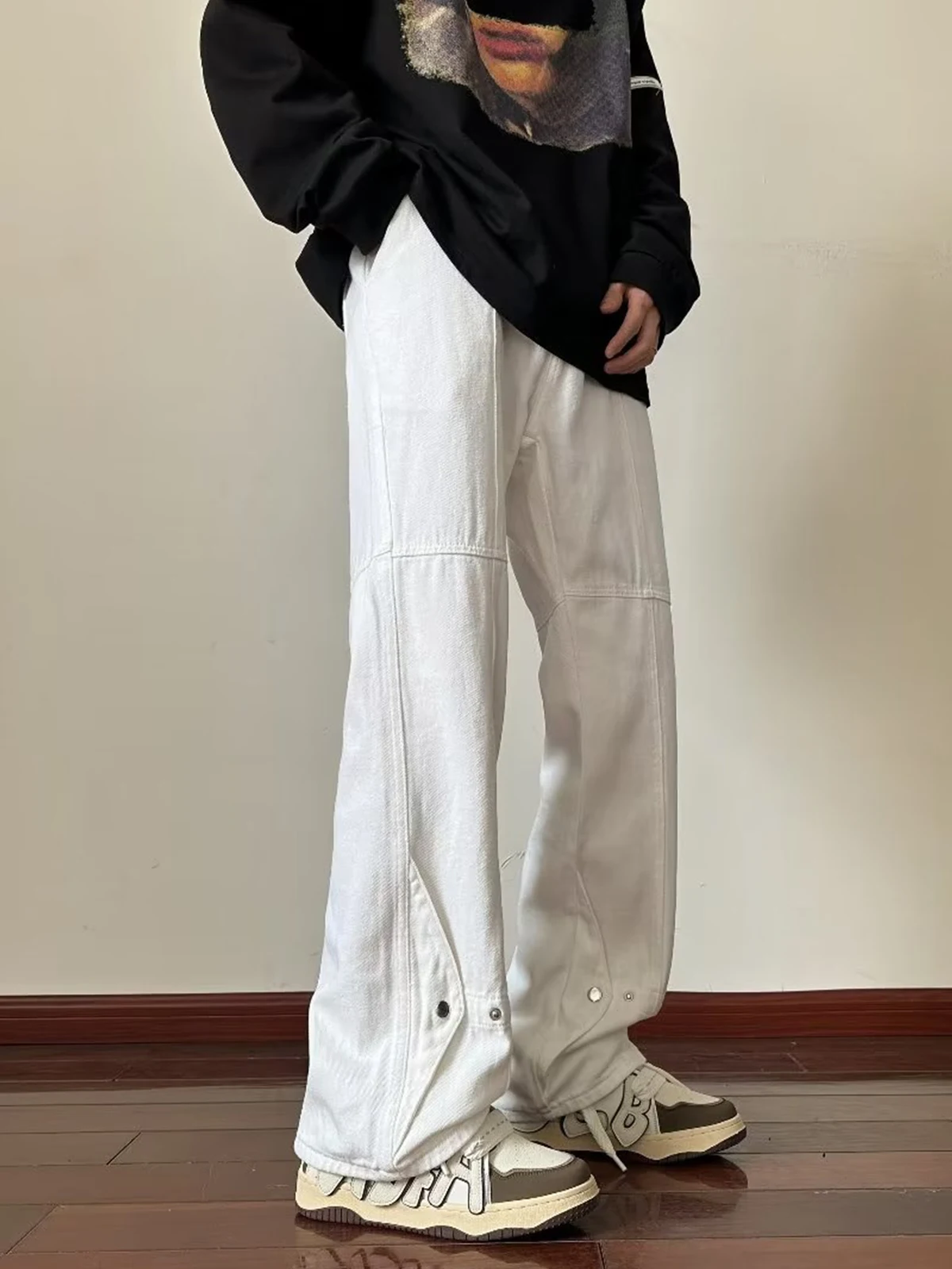 

Винтажные прямые джинсы для мужчин в стиле High Street, осенние, с расклешенными штанинами, свободного кроя, в американском стиле, повседневные, молодежные