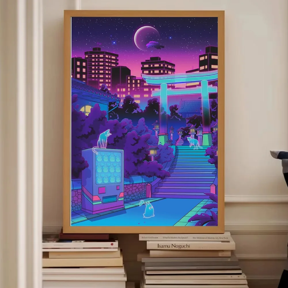 Vaporwave قماش جدار الفن Cyberpunk طوكيو سيتي سكيب النيون الجمالية غرفة ديكور انمي ياباني المشارك خمر الخيال العلمي