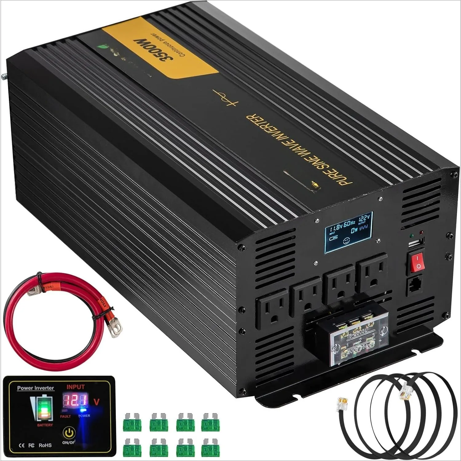Convertitore a onda sinusoidale pura Convertitore di potenza da 3500 Watt, Convertitore per auto da CC 12 V a CA 120 V, con porta USB Display LCD Telecomando