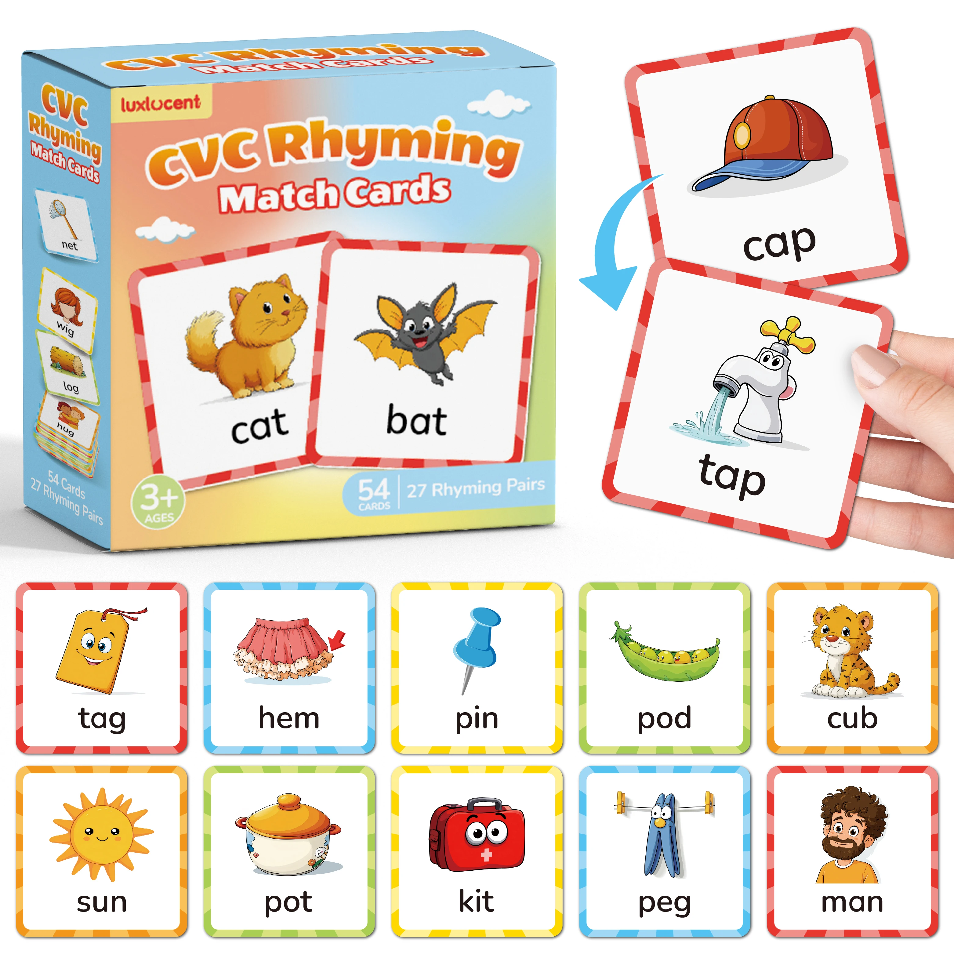 54pcs CVC Rhyming Words Flash Cards, Memory Match Game for Kids Ages 3-6, Phonics Learning Toys for Homeschool & Classroom