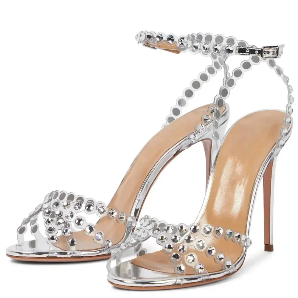 

Luxury Pvc Transparent Rhinestone High Heels for Women Sexy Ankle Strap Elegant Sandals Luxury Designer Wedding Dress Shoe Pumps