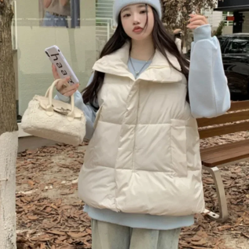 เสื้อกั๊กผู้หญิงเกาหลีสไตล์เรียบง่ายStand Collar Warm Windproofฤดูใบไม้ร่วงฤดูหนาววิทยาลัยHigh Street All-Match Outwear Cool Ins