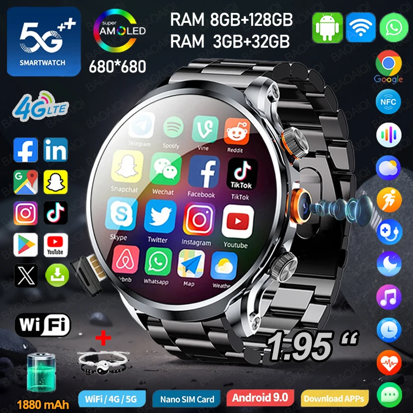 4G ساعة ذكية رجل 1.95 بوصة 680*680 AMOLED 8GB + 128GB RAM HD مكالمة فيديو 800W كاميرا GPS خريطة واي فاي جوجل بلاي ساعة ذكية 1880 Mah