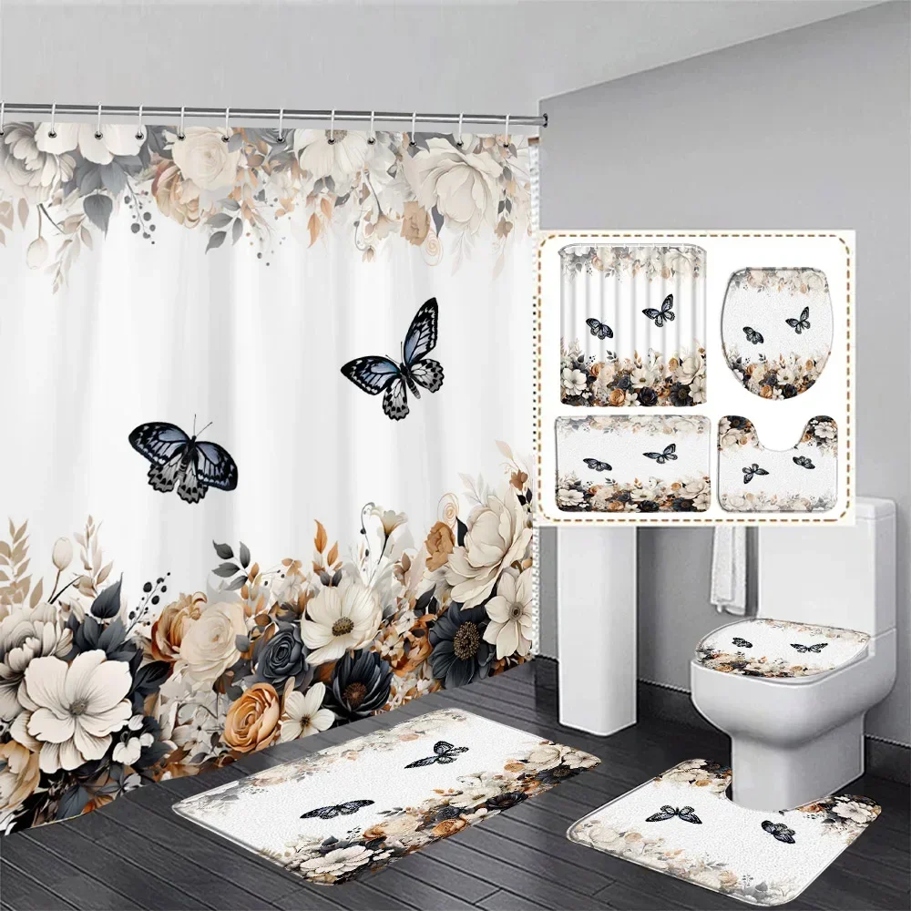 Fashion Pearl Floral Shower Curtain Set Grey Black Geometric Stripe Curtains With Bath Mat Toilet Lid Cover Bathroom Decoration