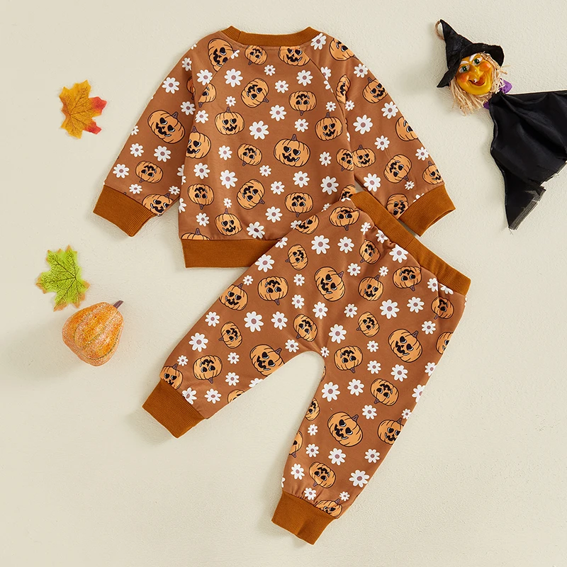 Toddler Girl Halloween Costume Long Sleeve Pumpkin Floral Print Top and Pants Set Baby Outfit Clothes for Fall