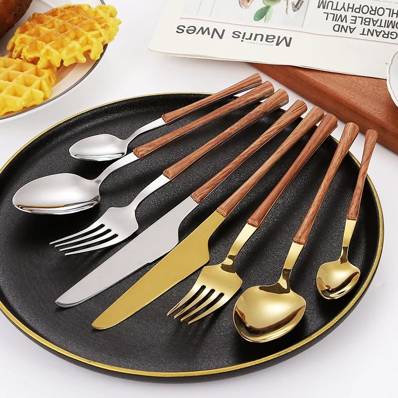 Housewares Tableware Stainless Steel Imitation Wood Handle 4 Piece Stainless Steel Fork Spoon Knife Set Tableware Deluxe Quality