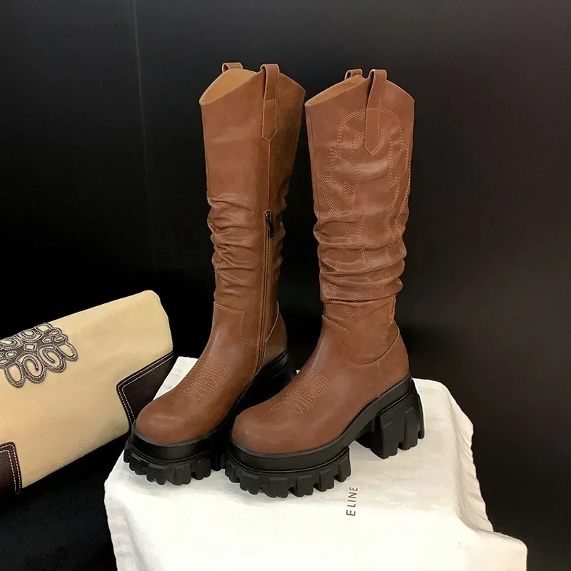 

Big Round Toe Thick Heel Embroidered Pleated Knee High Boots Women Retro Autumn Winter Stacked Knight Boots Western Cowboy Boots