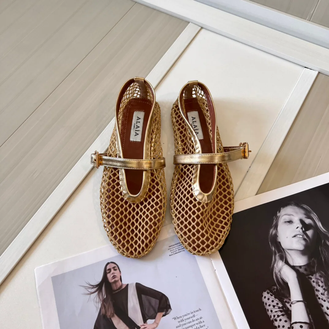 Ins Top Blogger Favorite Fishnet Leather Flat Mules French High-end Elegant Pointed-Toe T-Strap Mary Jane Ballet Shoes Luxury Breathable Summer Sandals