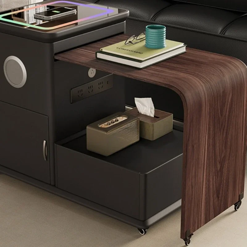 Movable sid e table, intelligent storage cart with wireless charging side ta ble with ste reo