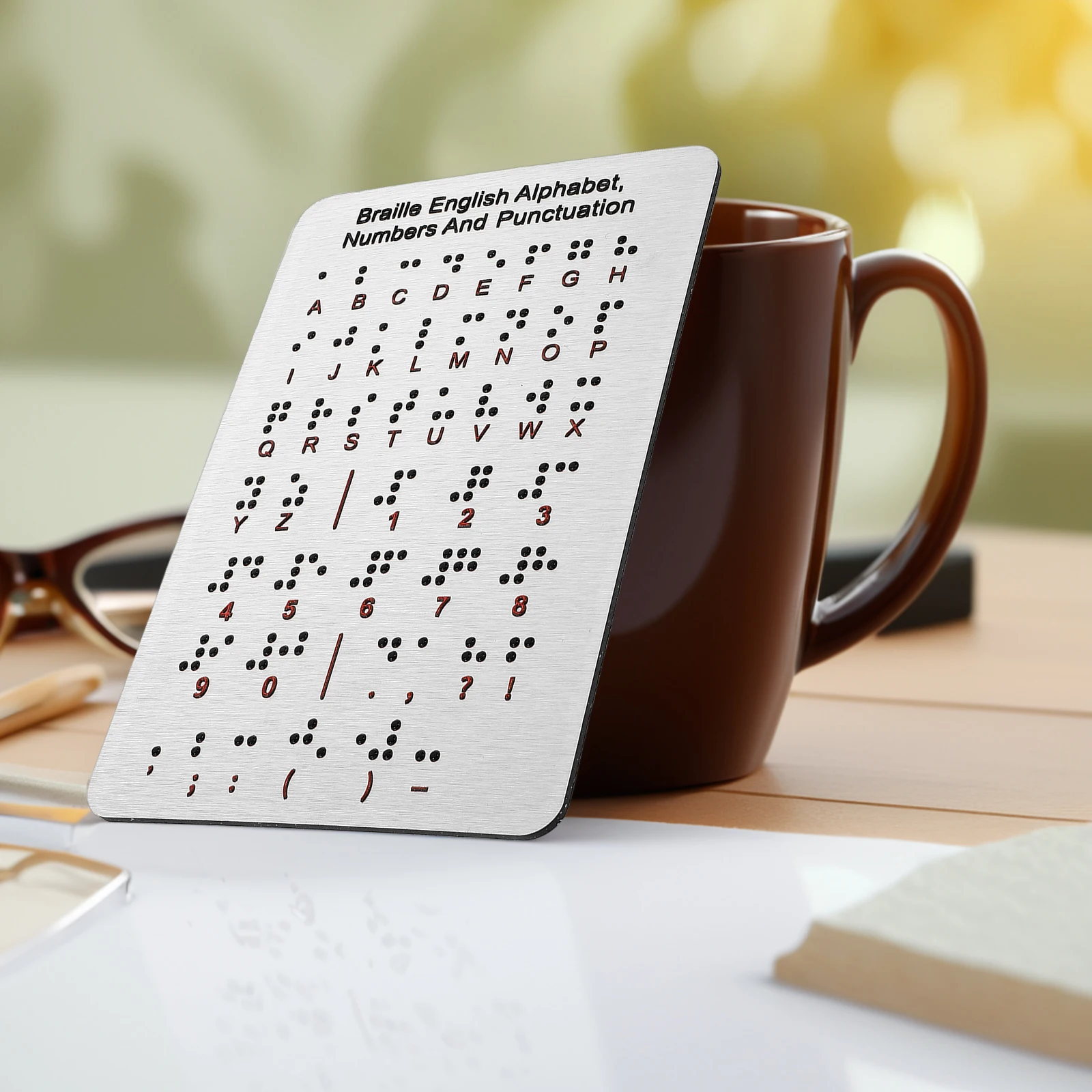 Tablero del alfabeto Braille con puntos elevados, tablero de aprendizaje Braille de puntuación de números de acero inoxidable, enseñanza de Braille para principiantes