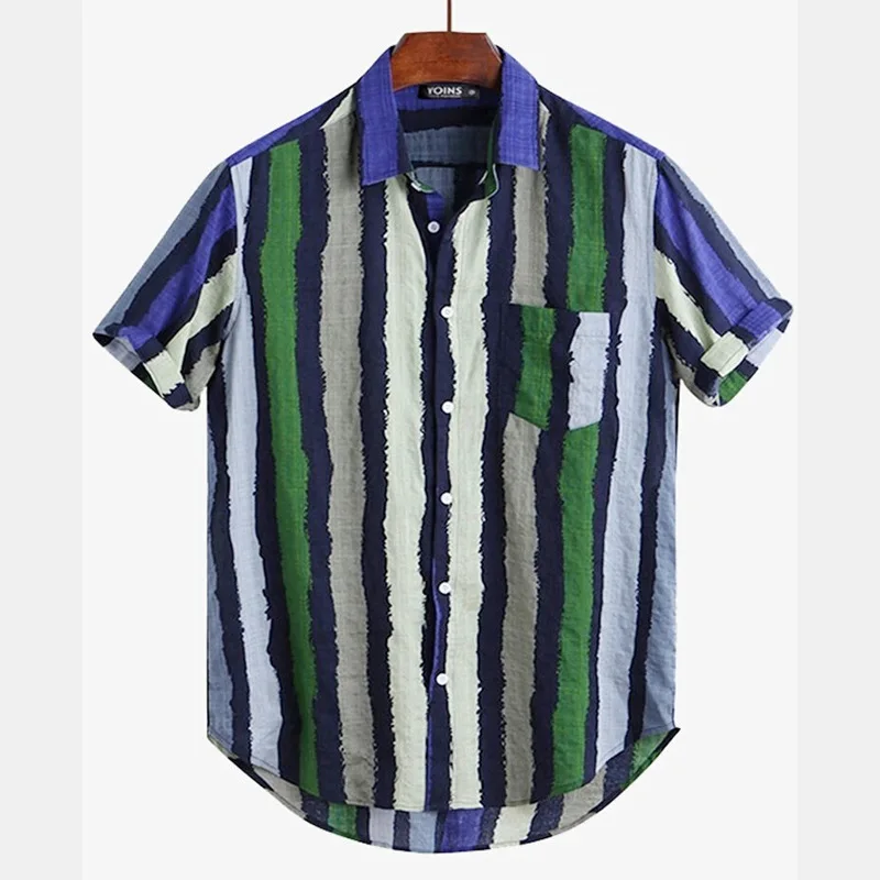 2025 Men's summer new color striped versatile fashionable short sleeved shirt, European and American beach comfortable shirt