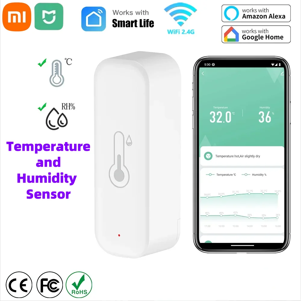 XIAOMI WiFi Temperature and Humidity Smart Home Thermometer Hygrometer APP Remote Alarm Work with Alexa Google Home