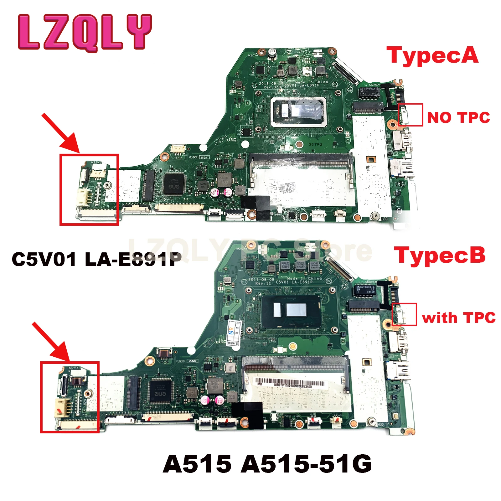 For Acer A515 A515-51G Laptop Motherboard NBGTP11001 NBH2B11004 NBGSW11001 C5V01 LA-E891P i3 i5-7th 8th 0G/4GB RAM 100% TEST OK