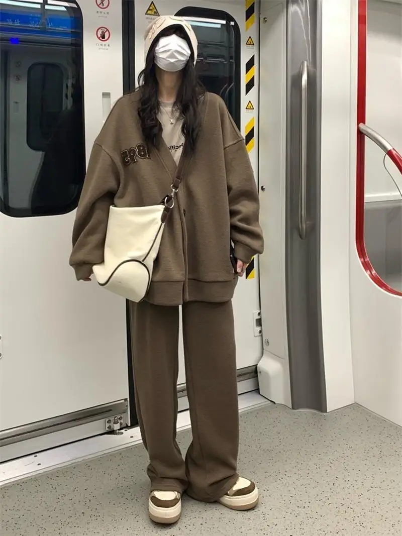 

Смачный повседневный комплект для скрытия мяса больших размеров, женская свободная верхняя одежда, длинные брюки, спортивный комплект из двух предметов, смесь хлопка и полиэстера