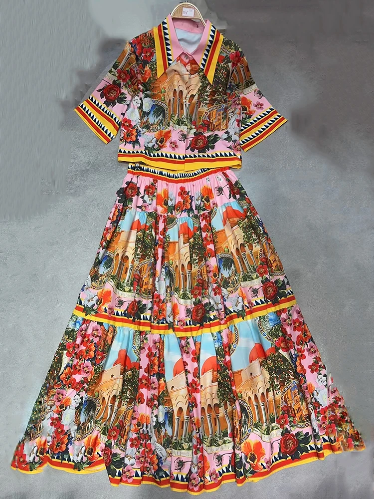 

2025 Summer Women's retro geometric print lapel short shirt two-piece set + high-waisted A-line loose skirt fashion set