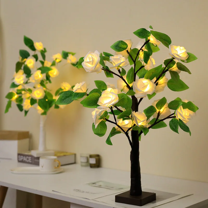 Lámpara LED de mesa para decoración del hogar, luz de árbol de flores rosas, decoración USB para fiesta de Navidad, regalo para habitación de niños