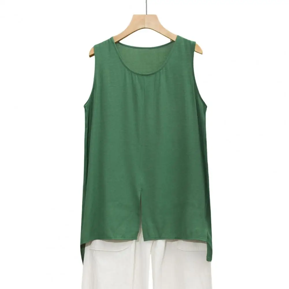 

Женские топы без рукавов с круглым вырезом и разрезом спереди, однотонные, свободного кроя, летние повседневные майки для отпуска и офиса