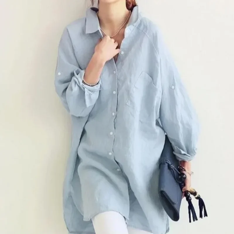 

Spot 2023, весенне-летняя корейская версия, повседневная свободная рубашка большого размера среднего и длинного хлопка и льна, тонкий женский топ