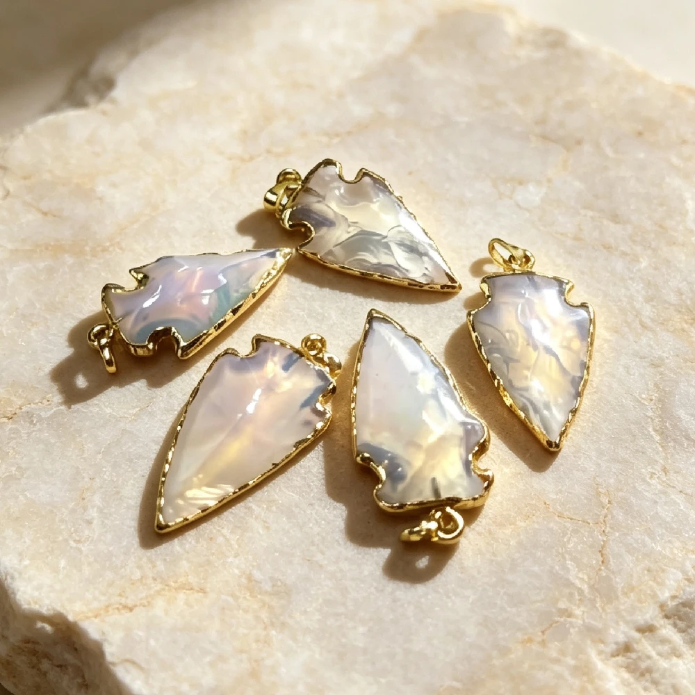 Boho Spiritual Tribal Arrowhead Opalite Charms Golden Plated Hammered Edge Single Bail Healing Bulk DIY Craft Findings P2D167