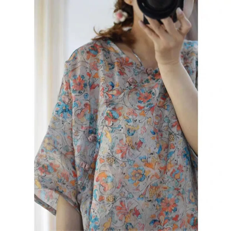 Original Chinese Retro Zen Shirt Dress Women Summer Ramie Printed Improved National Style Vintage Shirt Dress Female