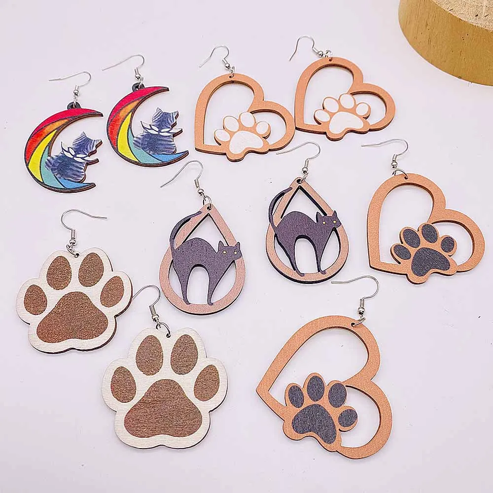 Halloween Wooden Earrings Pet Cat Paw Footprints Colorful Cat on The Moon Earring Jewelry for Women Gifts