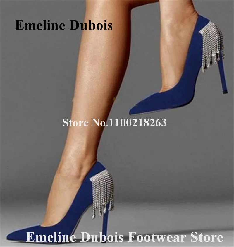 Rhinestone Chains Pumps Emeline Dubois Pointed Toe Blue Suede Stiletto Heel Party Shoes Slip-on Crystals Wedding Heels