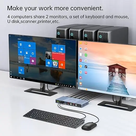 Seamless 4x2 HDMI Matrix KVM Switch, HDMI+DP KVM Switch for 4 Computers 2 Monitors, 4K 60Hz/2K 144Hz