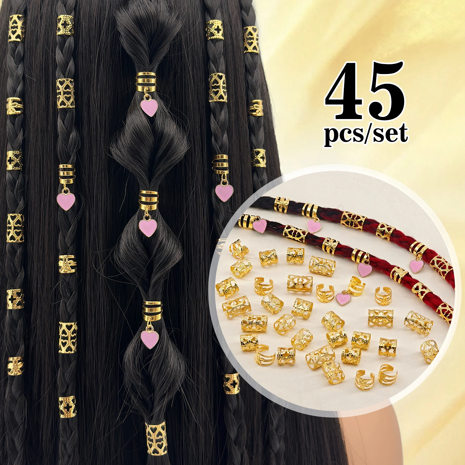 45pcs DIY heart-shaped hair ring Accessories Metal cutout adjustable fashion simple Dreadlocks Beads summer suitable for women