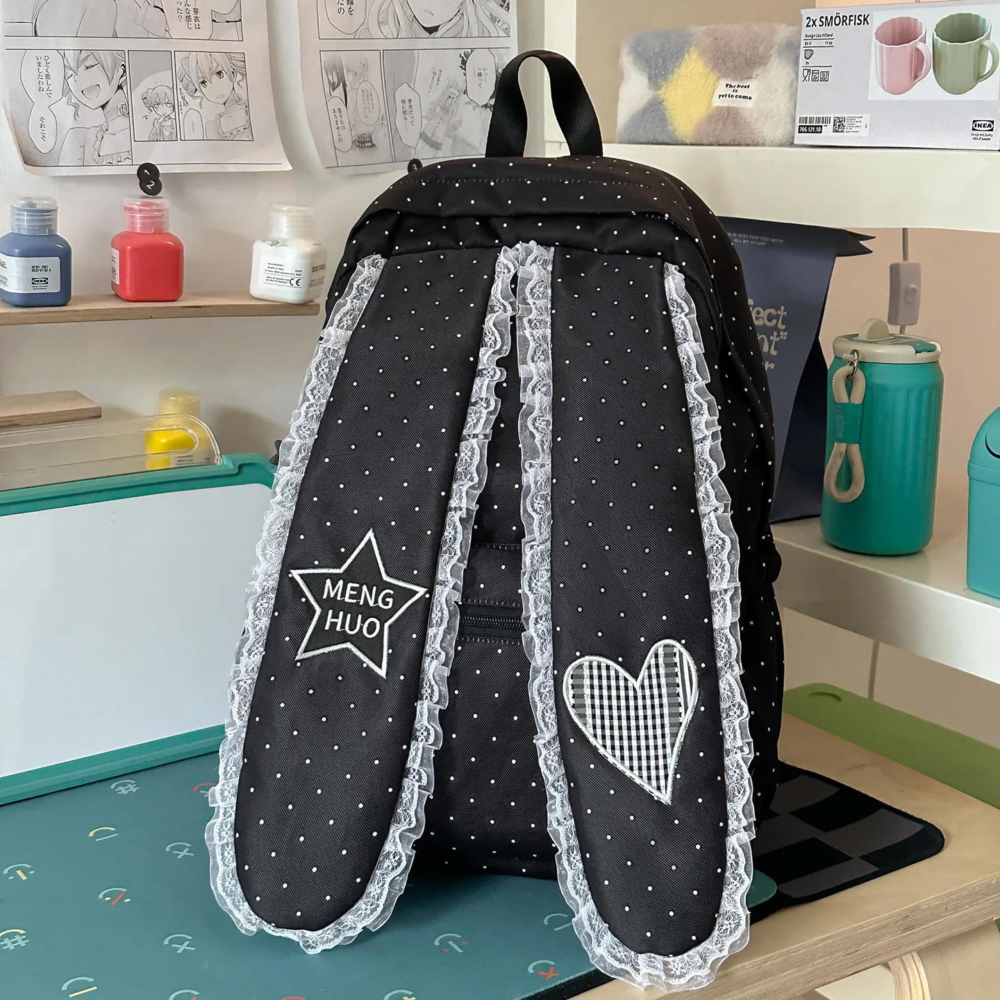 Ins Sweet Lolita Style Lace Trim Nylon Backpack Cute Polka Dot Heart Daypack for Teen Students Large Capacity Back To School Bag