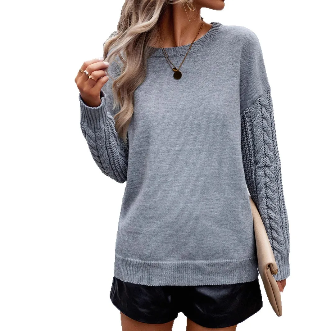 بلوفرات نسائية محبوكة بالكابل سترات صلبة برقبة دائرية وأكمام طويلة سميكة وفضفاضة أنيقة غير رسمية لخريف وشتاء 2025 #5