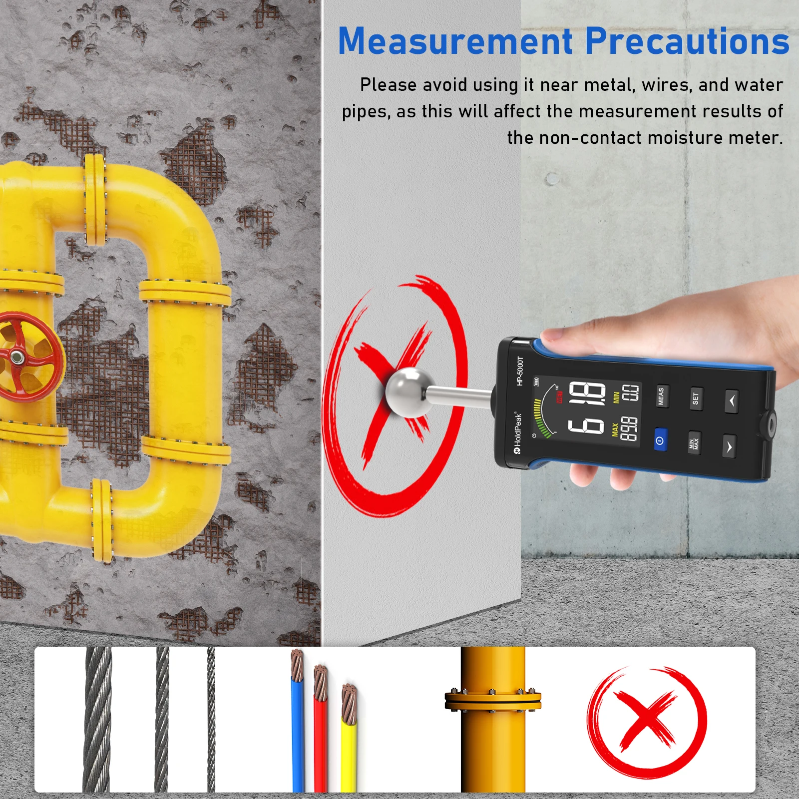 HP-5000T Wood Moisture Meter, Non-Destructive Moisture Meter for Walls, Wood, Concrete, Floors, Walls, Measuring Depth 20-40mm