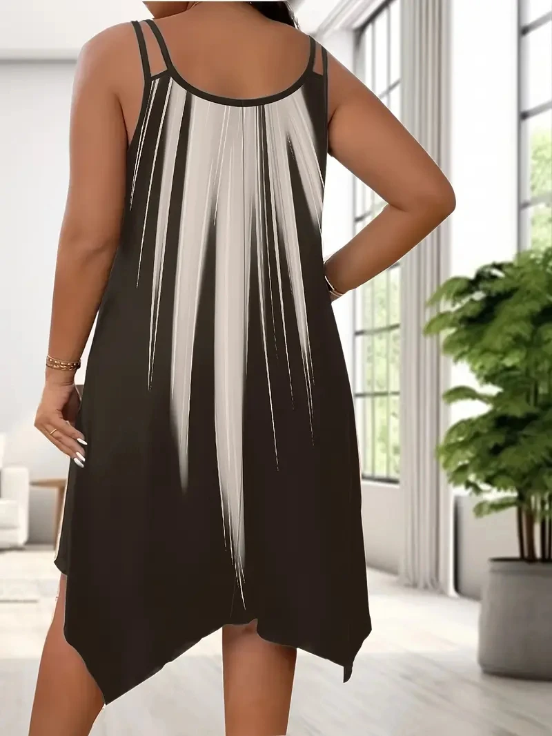 Plus Size Elegant Gradient Print Dress - Sleeveless, Double Spaghetti Straps, Round Neck, Elastic Polyester Blend, Machine Washable, Spaghetti Strap Slip Dress, Plus Size Clothing