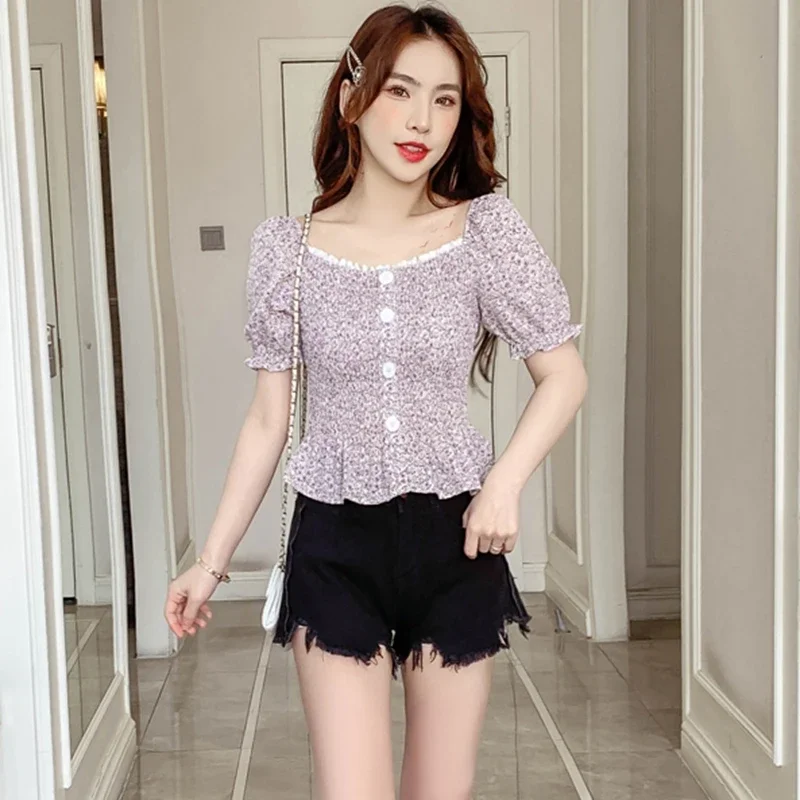 Women Summer Puff Sleeve Tops 2024 Fashion Vintage Lace Floral Printed Chiffon Shirts French Casual Bustier Corset Top Blouse XL