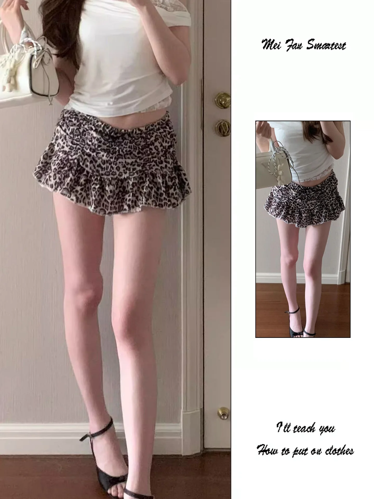 Korean Style Slim Fit A-Line  Skirt with Belt Leopard Print Summer Short Skirt for Women Casual Low Waist Gathered Skirt