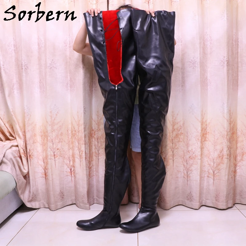 Sorbern 97Cm Crotch /150Cm Shaft Length Boots Women Thick Red Plush Flat Heel Round Toe Unisex Custom Leg Fit Boots