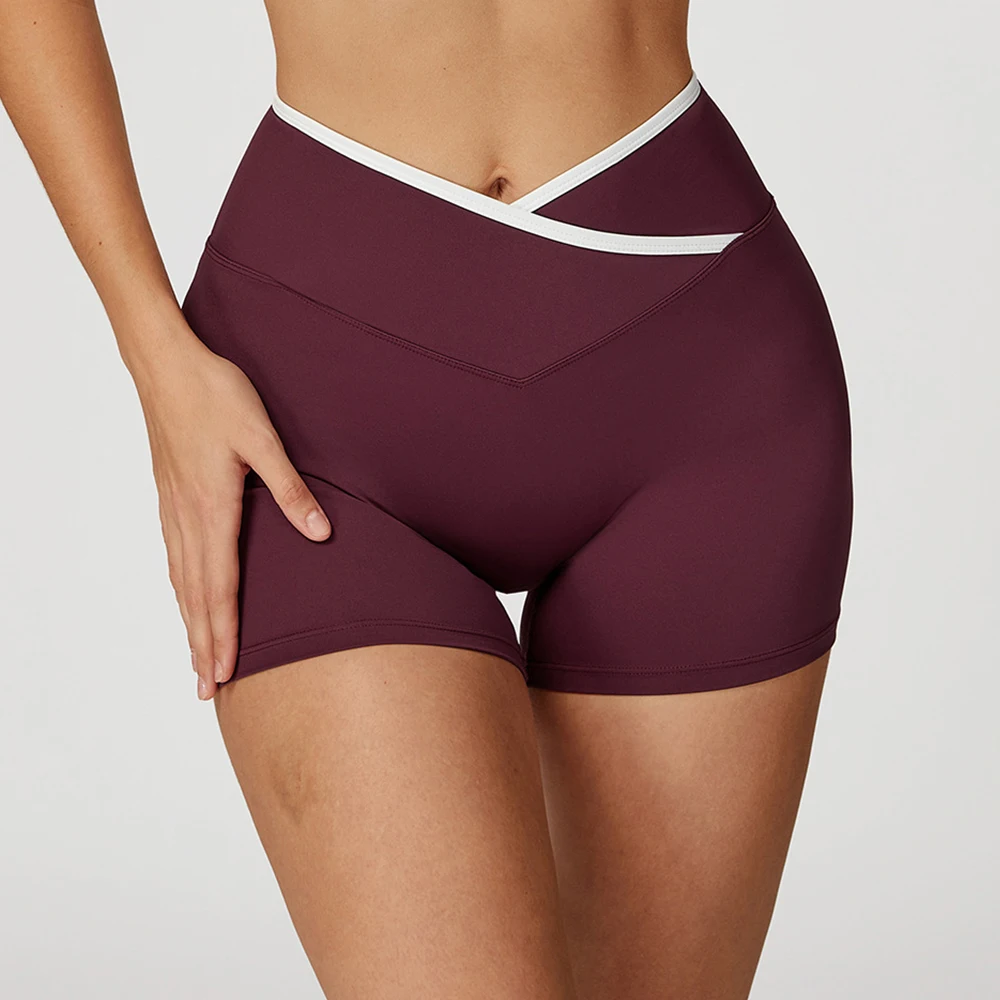 

Color blocked Women Sport Short Fitness Leggings Cross High Waisted Yoga Shorts Squatting Proof Comprehensive Training Yoga Pant