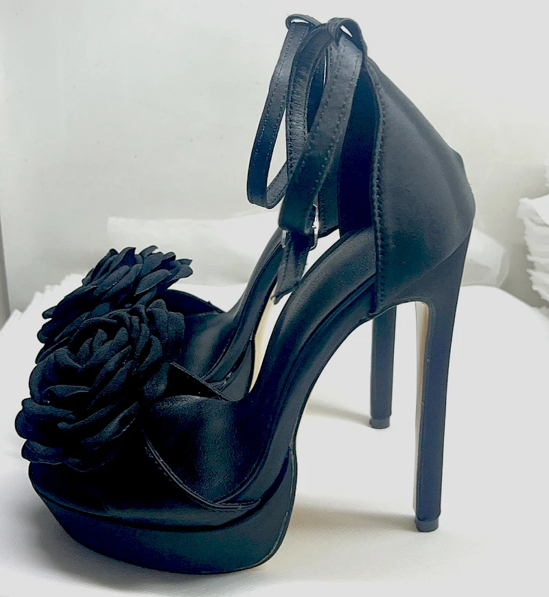 Black Red Silk Big Rose Flower Platform Sandals Super High Heels Peep Toe Ankle Strap Women Banquet Pumps Shoes Mujer