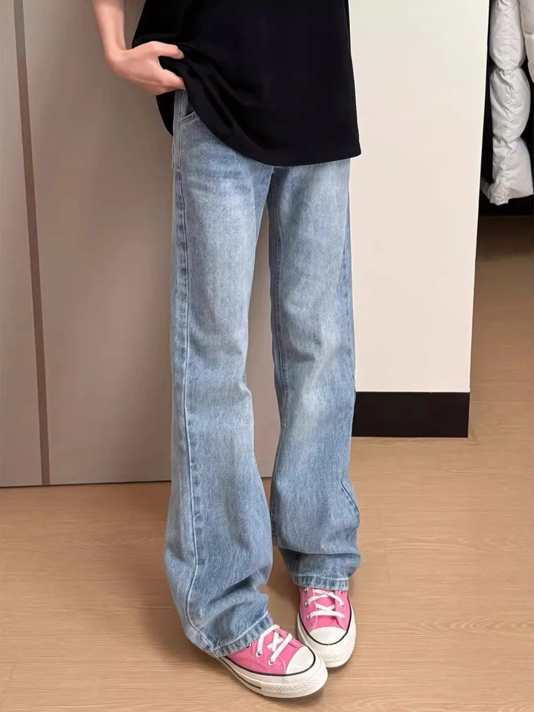 

Light Blue Straight Leg Jeans Men's High Waist Slim Fit American Style Cleanfit Pants Wear Resistant Daily Wear Casual Jeans