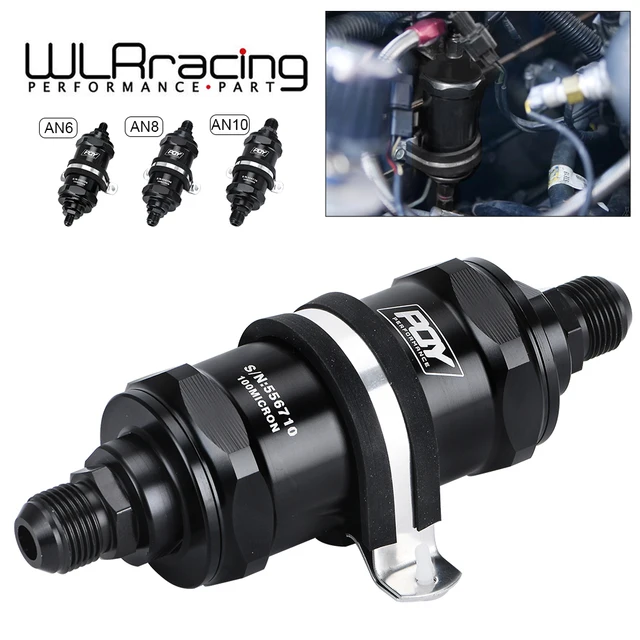 VR - BLACK AN6 / AN8 / AN10 Inline Fuel Filter E85 Ethanol z elementem ze stali nierdzewnej 100 mikronów i naklejką PQY
