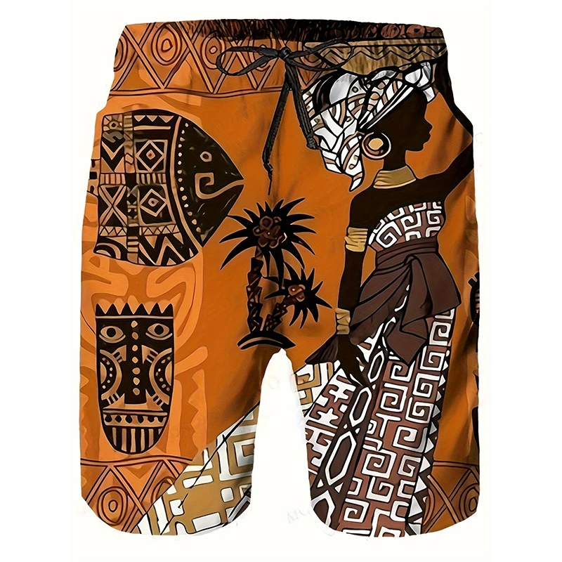 2024 Vintage Tribal Ethnic Print Shorts Large Size Loose Men's Drawstring Short Men's Beach Pants Pockets Vacation Swim Trunks